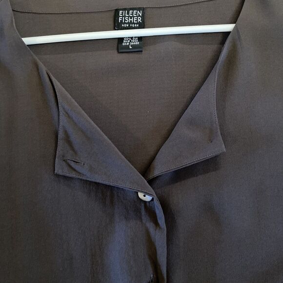 Eileen Fisher Silk L Brown Button Shirt‎ Jacket Lightweight Slits Sides - Picture 13 of 14